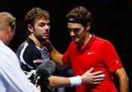 Stan Wawrinka (left) and Roger Federer (right) after their semifinal match in the ATP World Tour Finals in 2014
